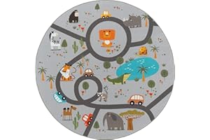 the carpet Happy Life - Tappeto da gioco per bambini, lavabile, con raffigurazione di una strada, giungla con auto e animali, sfondo grigio, 160 x 160 cm, rotondo
