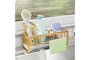 SWTYMIKI Kitchen Sink Caddy Organiser - Sink Tidy Organiser with Auto Draining Tray, Brush Holder, Stainless Steel Sponge Holder with Divider for Countertop Kitchen Storage & Organisation, Gold