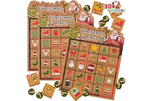 JOYIN Christmas Bingo Game for Kids with 30 Players, Christmas Winter Bingo Cards in Kraft Design for Classroom Activities, Family and Large Groups, Christmas Party Accessories