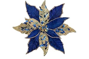 OAIRSE 4PCS Large Glitter Poinsettia Flowers Picks 12"/30cm Blue Artificial Christmas Flowers with Long Stem Velvet Flower Christmas Tree Decorations for Xmas Tree Ornaments Wedding New Year Halloween
