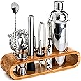 Mixology Cocktail Shaker Set - 10-Piece Cocktail Making Set - Home Bartender Kit in Mahogany Stand with Spoon, Boston Shaker, Other Tools for Drink Mixing, Martini, Mocktail - Gift Set (Silver)