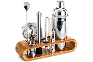 ‎MIXOLOGY & CRAFT Mixology & Craft Cocktail Set (10-TLG.) - Edles Cocktail Shaker Set mit Shaker aus Edelstahl und Bar Zubehör im Holzständer aus Bambus - Dekoratives Geschenkset - Silber