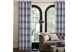 always4u 100% Blackout Tartan Curtains Highland Check Eyelet Curtain Woolen Look Plaid Brushed Cheque Pair of Window Treatment for Bedroom Living Room Grey 90 * 90 Inches