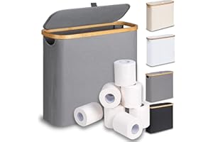 efluky 28L Cestino per Carta Igienica con Coperchio, Cesto Portaoggetti in Bambù Stretto Cestino Bagno Porta Carta Igienica, Porta Rotolo Carta da Terra per 9-12 Rotoli di Carta Igienica, Grigio