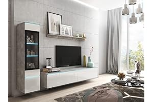 PIASKI Conjunto De Muebles De Salón Vera I con Vitrina, Mueble TV y Estantería, Tablero Laminado MDF, Iluminación LED Opcional, Hormigón/Blanco Brillo, con iluminación LED