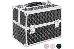 Arebos Kosmetikkoffer | 15L | 5 Fächer | Aluminium | Diamant-Muster | inkl. Schloss & Schlüssel | 2 ausklappbare Etagen | Samteinlage | 32 x 27 x 22 cm | Schwarz