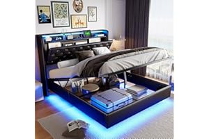 BRILVERDE Letto imbottito 140x200 cm con Contenitore idraulico, Letto matrimoniale con LED e USB, Letto fluttuante con testiera, Struttura letto con rete a doghe, PU (nero, 140 x 200 cm)