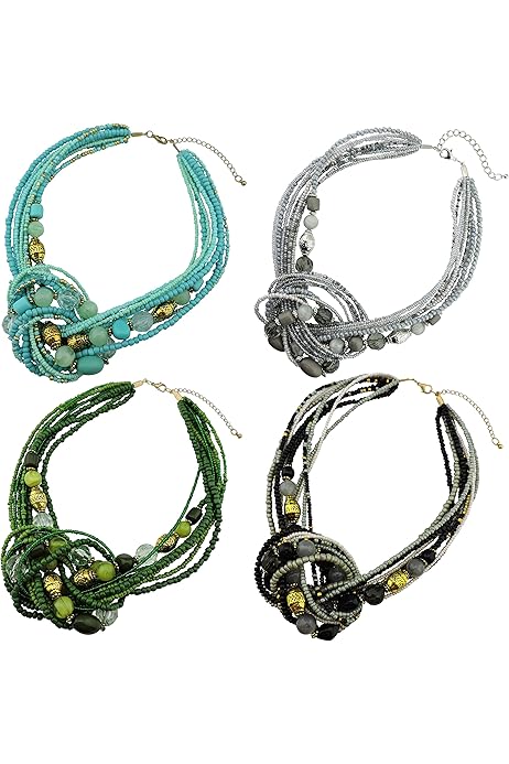 Collana Bocar Con Perline Multistrato - Design Statement Knot, Lunghezza 61 Cm, Verde Oliva E Argento - Foto 11