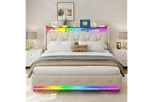 XMETPR 140x200 cm Sängram med LED-belysning, linne, beige | Hylla i sänggavel, klädd säng, med 4 förvaringslådor, dubbla ladd