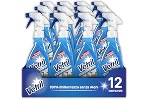 Vetril - Detergente Spray Vetri e Multiuso con Ammoniaca, Azione Sgrassante e Tecnologia Asciuga Rapido, in Ecoflacone, 650 ml x 12 pezzi