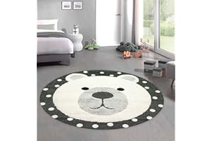 ‎CARPETIA CARPETIA Kinderzimmer Teppich Baby Spielteppich 3D Optik High Low Effekt Kuschel Bär Creme grau schwarz, 80 cm rund
