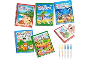 Januts 5 Piezas Libro Magico Agua Reutilizable Libro de Dibujo de Agua Mágica Colorescon Plumas de Pintura Doodle con Bolígrafo Mágico Animales Temas Libros de Pintar con Agua para Niños Niñas