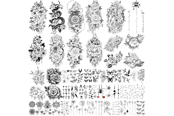 Yazhiji 49 feuilles grande collection de fleurs tatouage temporaire étanche durable faux tatouages waterproof pour femmes et filles.