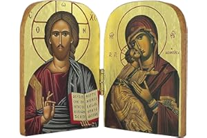 FERRARI & ARRIGHETTI Diptyque style icône, Christ Pantocrator et Madonna avec enfant, Icône de style Art byzantin, Icône sur bois fini avec auréole, écrits et bordure faits à la main, production grecque - 9,5 x 7 cm