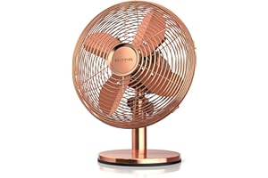 Brandson - Ventilateur de table silencieux 30W, Design rétro chromé industriel, Desk fan, 3 vitesses, mobile portable, Oscillation 80°, Inclinable à 40°, Boîtier métallique, Modèle Copperline cuivre