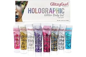 GLITZYGURL Holografico Brillantina Rostro Y Cuerpo Gel Paquete De 8 Cosmética Brillantina, Brillo Corporal Brillo Para El Cabello Gel Festivo