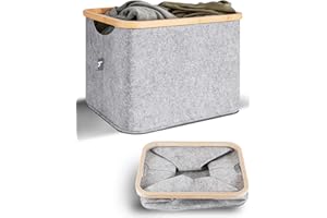 HENNEZ Grand Panier de Rangement a Buches, en Feutre 40L pour Meuble Kallax - Panier a Linge Bois, en Feutrine pour Cheminée - Pour Journaux, Pliable Gris Clair