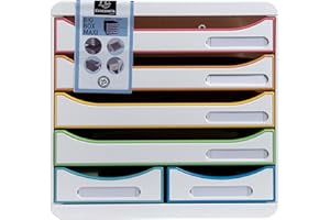 Exacompta 312913D Ablagebox Harlekin aus Recycling-Kunststoff mit 4 Schubladen für DIN A+ und 2 Schubladen für Utensilien. Belastbare Schubladenbox für mehr Platz. Blauer Engel Big Box Maxi weiß|bunt