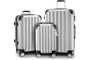 MONZANA® 3tlg. Kofferset, Silber - M-L-XL - inkl. Schloss, Organizer & Kofferwaage - Gurt Gel-Griffe, Zwillingsrollen, Standfüße, Trolley, Reisekoffer, Hartschalenkoffer, Gepäck-Set, Trolley Set