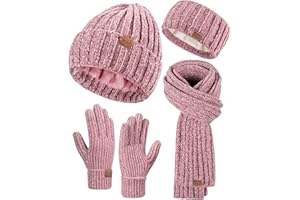 Winuesa Headbands Hat Scarf and Gloves Set Ladies, Chenille Beanie Hat Women Fleece Lined Touchscreen Gloves Women Knit Scarf Ear Warmers 4 in 1 Cold Weather Gift Set