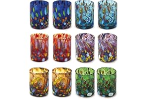 MAZZEGA ART & DESIGN - 12 Bicchieri Shot in Vetro Soffiati e Lavorati a Mano con Murrine di Murano. Linea “I Colori di Murano” 75 ml. Made in Italy (MIX, 12)