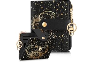 Pegmode Wallet Women Slim Cute Leather Thin Bifold Small Card Wallet Purse Lady Teen Girls Female Medium Aesthetic Cool Tiny Sun Moon Girly Simple Unique Pretty Modern Credit Card Holder Keychain Rfid