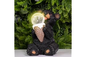 Azazaza Garden Ornaments Outdoor Black Bear, 9.25Inch Resin Cute Bear Statues with Ice Cream Light, Waterproof Animal Figurine for Yard Art Lawn Decor, Gifts for Grandma Mom Women (E)