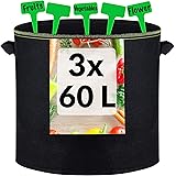 Pflanzsack 3X 60L aus Vliesstoff mit Pflanzenstecker zum Beschriften - Groß und mit Griff - Für Kartoffel, Tomaten
