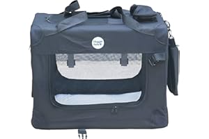 HugglePets Foldable Fabric Pet Crate Carrier - Black (Large 70 x 52cm) Lightweight & Ventilated Double Door Carrier for Dogs & Cats with Sheepskin Mat. Ideal for Home & Travel.