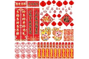 AWEYKA 70pcs Chinese New Year Decoration Set, Include Chinese Couplet, Huichun, Fu Sticker, Red Lantern, Red Envelope,Dragon Door Sticker, Felt Hanging Ornaments for 2024 Spring Festival Party Decor