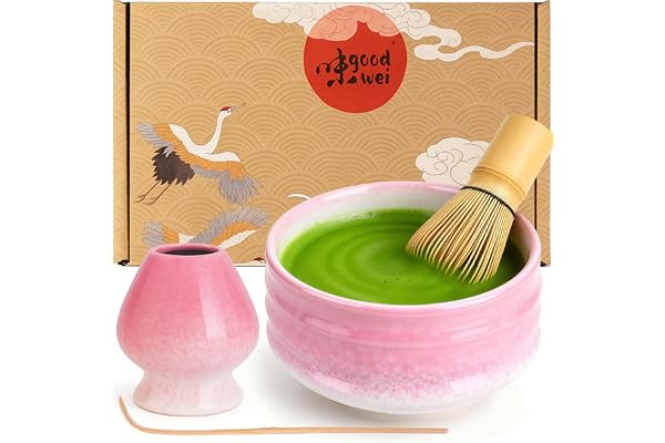 Goodwei Matcha Kit | Bol Matcha Artisanal Chawan, Cuillère e Fouet à Matcha avec Support de Fouet en Céramique au design assorti | Service à Thé Japonais (Sakura, 80)