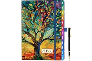 HwxBen Diary 2026 A5 Week-to-View Planner (Jan - Dec 2026) – Goldenrod, Multi-Colored Tree Design, Colorful Monthly Tabs, Elastic Pen Holder, 2 Bookmarks, Pen Loop, Inner Pocket