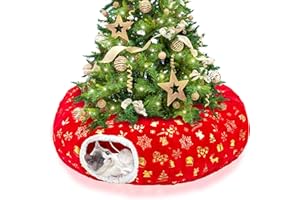 LECHONG 3-in-1 Christmas Cat Tunnel Bed & Tree Skirt, Warm & Cozy Double-Sided Fleece Hideout w/Detachable Mat, Deter Cats Damage Xmas Tree Decor, Festive Coziness