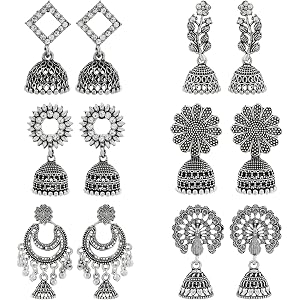 DEW MAT Traditional Oxidised Silver Jhumka Earrings for women | girls fashion jhumka meenakari oxidised kundans flower Temple South Indian Traditional Ear rings Set stylish Big Jhumki Combo pack of 6.