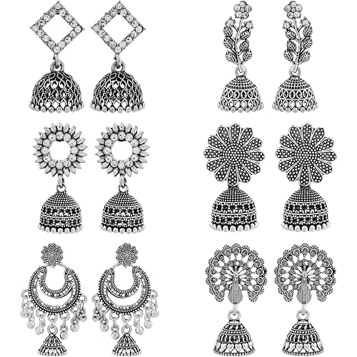 DEW MAT Traditional Oxidised Silver Jhumka Earrings for women | girls fashion jhumka meenakari oxidised kundans flower Temple South Indian Traditional Ear rings Set stylish Big Jhumki Combo pack of 6.