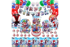 HEARTSKING Birthday Decorations, 79 Pcs Spider Party Decorations Spidey Party Supplies Kids' Party Tableware Include Balloon, Banner, Plate, Napkins and Tablecloths for Kids Baby Shower