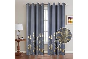CHLOPHY Grey Gold Blackout Curtains Foil Printed Palm Leaves Trees Bedroom Luxury Eyelet 66×90 Charcoal Thermal 100% Totall Room Darkening Window Curtain Living Room 2 Panels Nursery Boys Girls