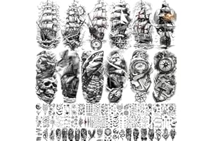 LAROI 71 Blätter Segelschiff Temporäre Tattoos Herren Damen Klebetattoos Erwachsene, Familie Schiff Fake Tattoo Zum Aufkleben Frauen Männer Arm, 3D Pirate Kompass Anker Glaube Tattoo Aufkleber Haut