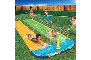 JJ REVEAL BANZAI 16ft Long Water Slide | Capture The Flag Racing Slide For Kids | Self-Sticking Inflatable Water Slider | Two Separate Slides With Sprinklers Water Play | Garden Games For Kids | Easy to Set Up