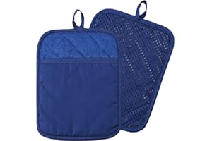 LIFAITH 100% Cotton with Silicone Kitchen Everyday Basic Pot Holder Heat Resistant Coaster Potholder Oven Mitts with Pocket for Cooking and Baking Set of 2 Blue