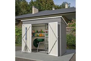 Gegtuon Metall Gerätehaus 229x111x182 cm, Geräteschuppen Gartenhaus mit Satteldach, Gartenschrank mit 2 Türen & Stauraum Regal, Wetterfest Outdoor Schuppen Gartenschuppen für Garten Terrasse, Grau