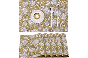 JEMIDI Podkładki z nadrukiem kwiatowym, zestaw 6 szt., żółte - 100% bawełna, trwałe 180 g/m² - maty na stół obiadowy - certyfikat Öko-Tex, można prać w pralce, duża tkanina, mata na stół do jadalni