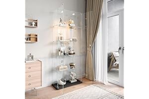 JiaOyu Vetrina in vetro con illuminazione a LED, vetrina con serratura, vetrina in vetro antipolvere, per collezioni, armadietto in vetro per soggiorno, camera da letto (nero+LED, 5 strati)