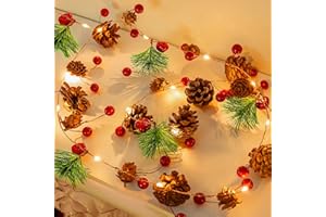 SKYELE Christmas Garland with Lights, 2M 20 LEDs Christmas Tree Lights with Pine Cone Fairy Lights Battery Operated, Wreath Light Door Fireplace Stair Garland Christmas Decorations Indoor Outdoor