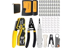 MAYLINE-TECH MAYLINE RJ45/CAT5/CAT6 Herramienta de cable de Crimpador de red, profesional de Mantenimiento de, LAN Probador de cables de red 50 Conectores, Pasante RJ45Herramientas de Reparación (amarillo)