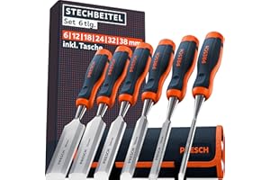 Presch Stechbeitel Set für Holz 6tlg. inkl. Tasche - Fertig geschliffene Stemmeisen (6, 12, 18, 24, 32, 38mm) - Profi Stecheisen mit 25° Keilwinkel mit robuster Metallschlagkappe