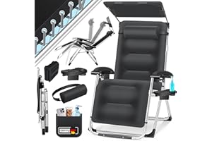KESSER® Tumbona Plegable XXL, Resistente a la Intemperie, Capacidad de Carga 200kg, Tapizado Ergonómico, Respaldo Ajustable, Cojín Cervical, Portavasos y Cojín para Brazos, con Toldo - Negro