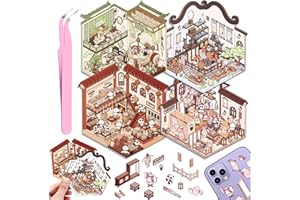 DRAUPNIR 4 Juegos DIY 3D Pegatinas Casa, DIY Sticker Scene Divertidas, Cafetería, Supermercado, Restaurante, Pegatinas 3D Escenas Lindo Cartoon Kit con 1 Pinzas