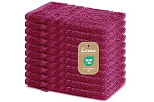 Lavea® 10 Guanti da Bagno 15x21 cm in Spugna di Cotone 100% Morbidi e Assorbenti, per Casa Hotel Spa – Manopola da Bagno con Gancetto – Bordeaux