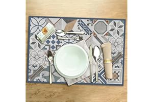 CREARREDA Tovagliette all'Americana Blue Tiles, set di 4 tovagliette colazione in PVC, 48x33 cm, antiscivolo, lavabili, resistenti allo sporco, resistenti al calore, made in italy